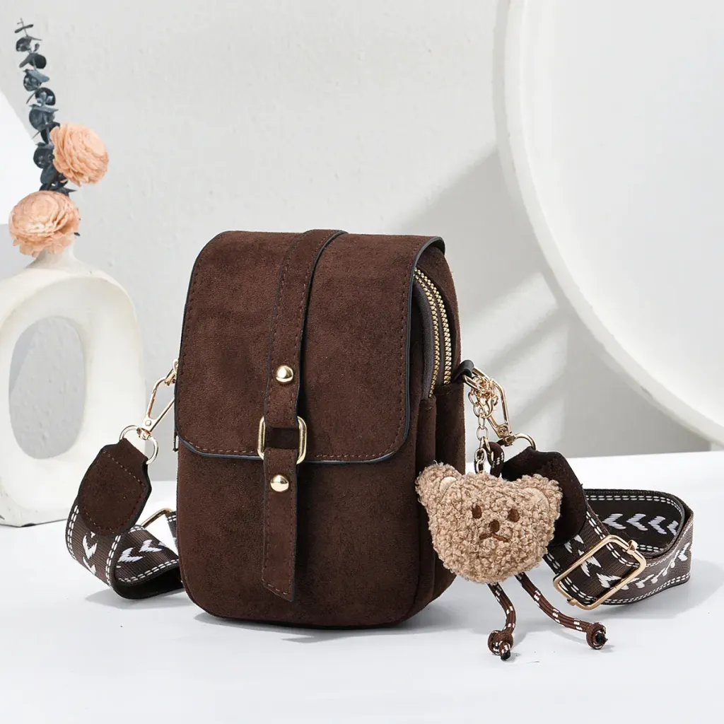 Little Bear Square PU Leather Phone Wallet For Women Featuring Sewing Thread Design