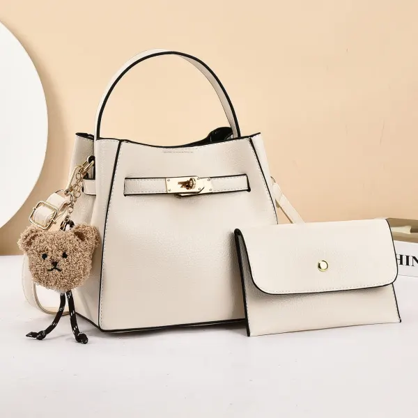 Solid Color PU Leather Bucket Bag For Women With Sewing Thread Detail, Featuring Top Handle Design