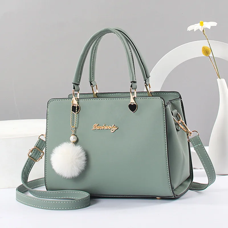 Fashion Large Solid Color Women Top Handle Bag In PU Leather With Fluff Ball And Zipper Closure