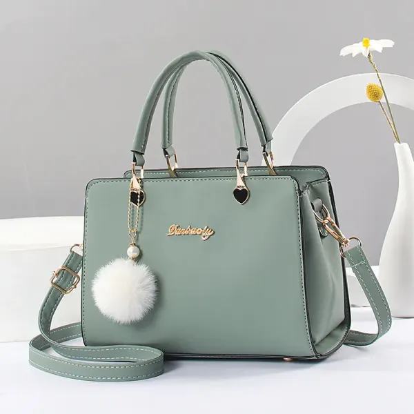 Fashion Large Solid Color Women Top Handle Bag In PU Leather With Fluff Ball And Zipper Closure