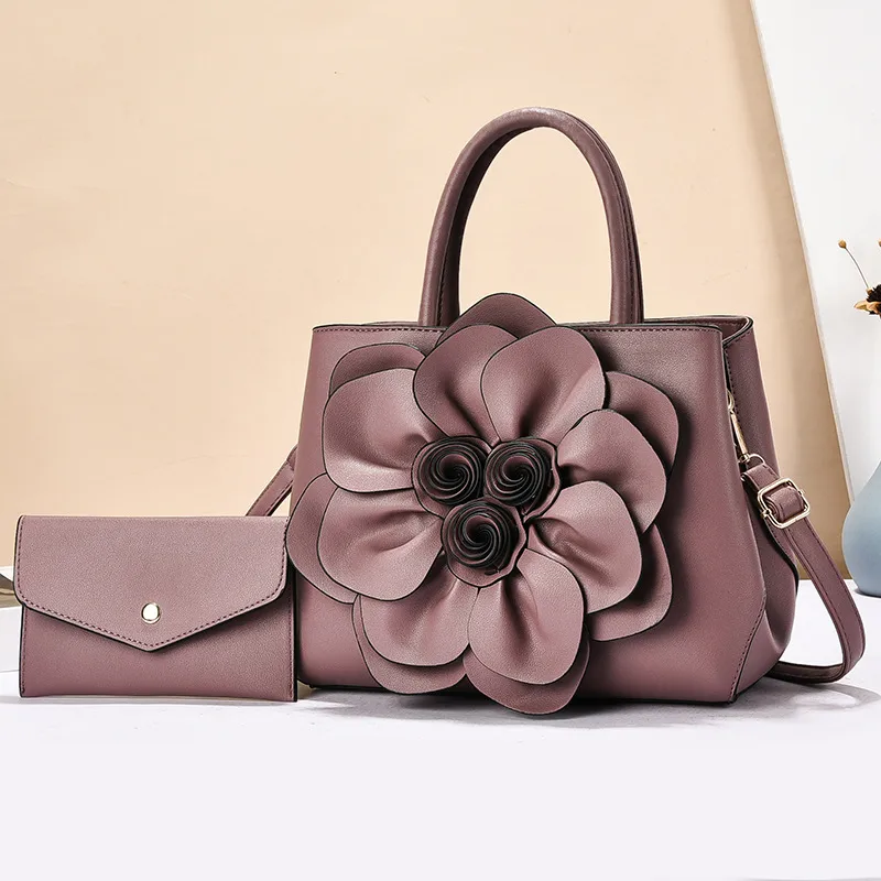 Solid Color Square PU Leather Bag Set For Women Featuring Floral Fashion Element With Single Shoulder Strap