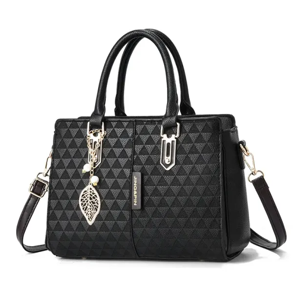 Elegant Large Square PU Tote Bag For Women With Braid Detail And Zipper Closure Featuring Leaves Pattern