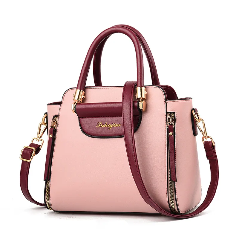 Large Color Block Top Handle Bag For Women In Pu Leather With Zipper Closure, Featuring Retro European And American Style