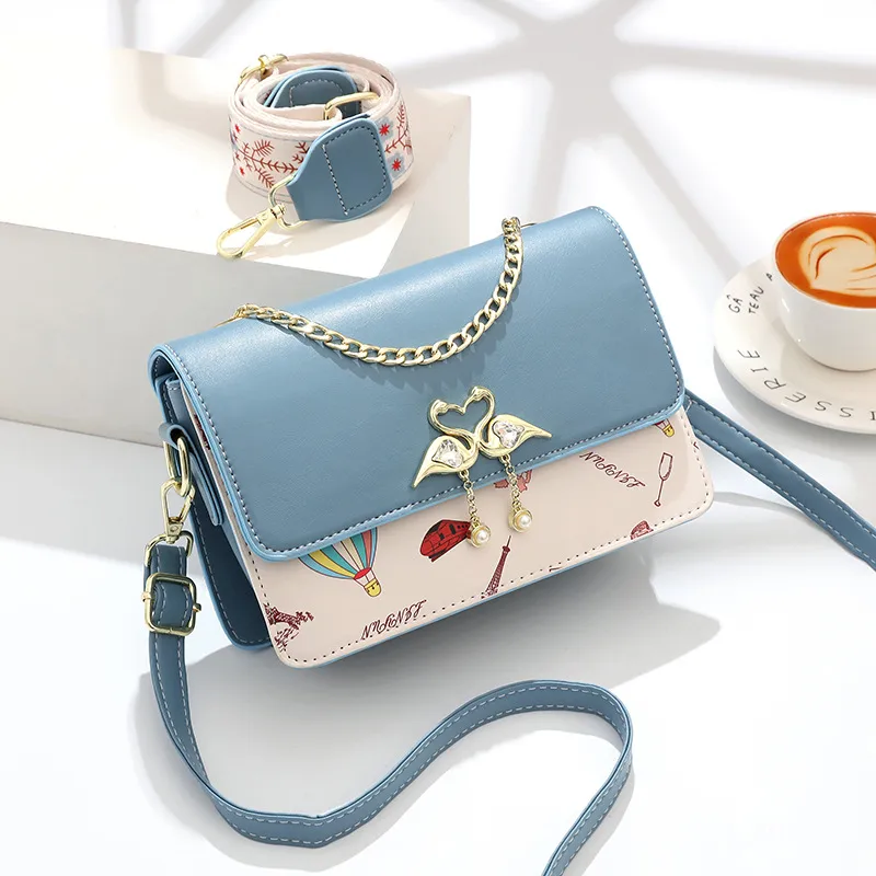 Women’s Square PU Leather Bag With Lock Detail, Featuring Chain Strap And Stylish Printing Design Main image