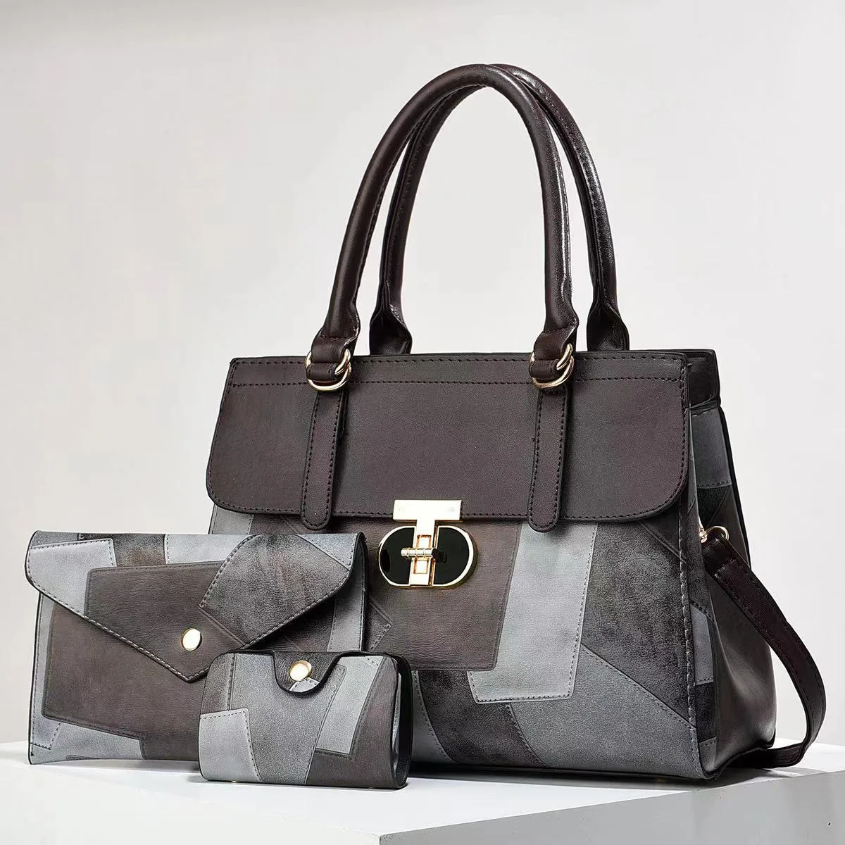 Women’s Color Block Square PU Leather Bag Set With Top Handle, Featuring Large Capacity Main image
