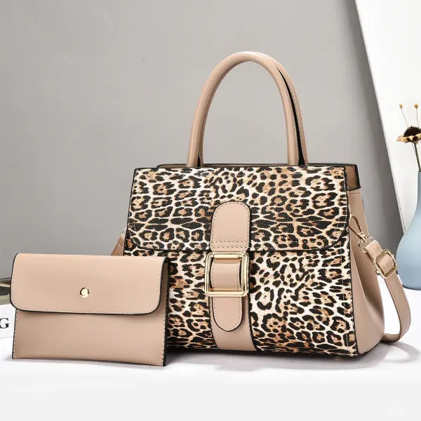 Leopard Print Square PU Leather Bag Set Featuring Sewing Thread Detail With Top Handle