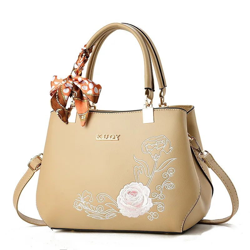 Women’s Square PU Leather Handbag With Embroidered Flowers, Featuring Top Handle For Elegant Style