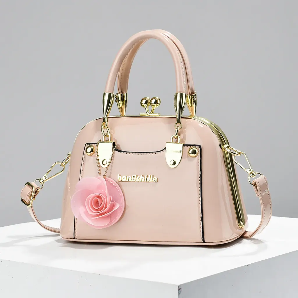 Women’s Dome Bag In Patent Leather With Shell Shape And Sewing Thread Detail, Top Handle, For 2026 Spring And Summer