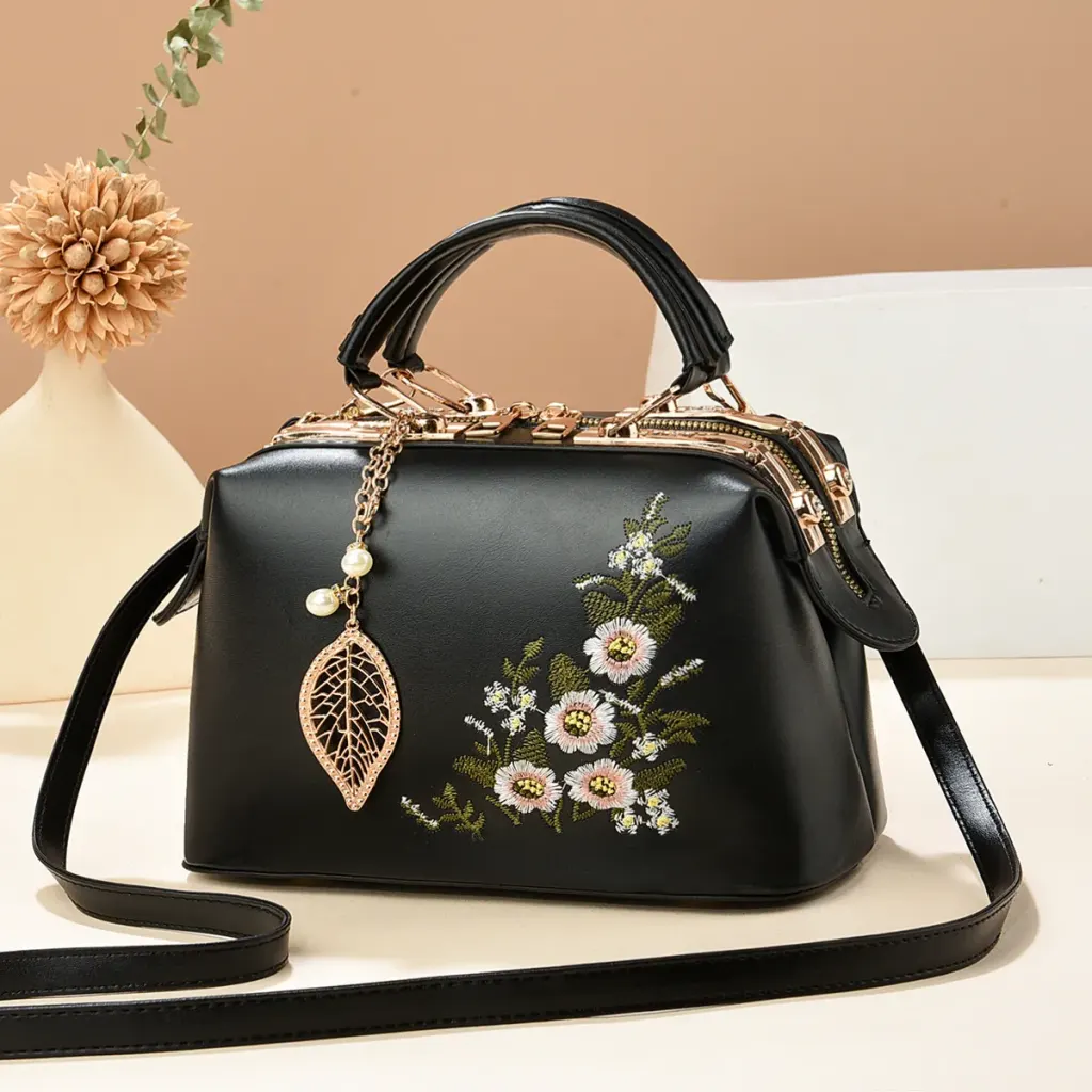 Medium Square PU Leather Bag With Embroidery And Zipper Closure, Stylish Vintage European And American Design