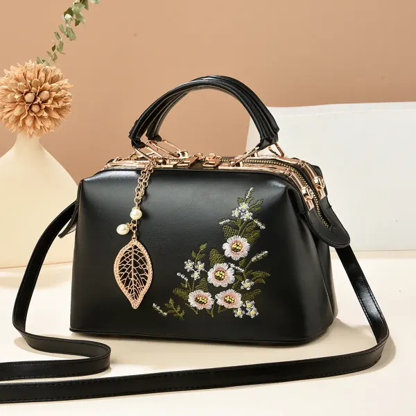 Medium Square PU Leather Bag With Embroidery And Zipper Closure, Stylish Vintage European And American Design