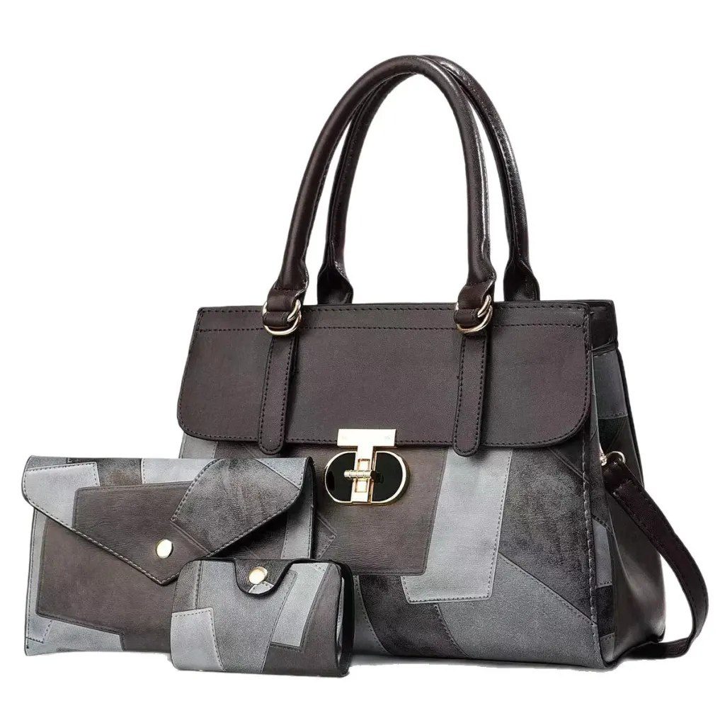 Women’s Color Block Square PU Leather Bag Set With Top Handle, Featuring Large Capacity