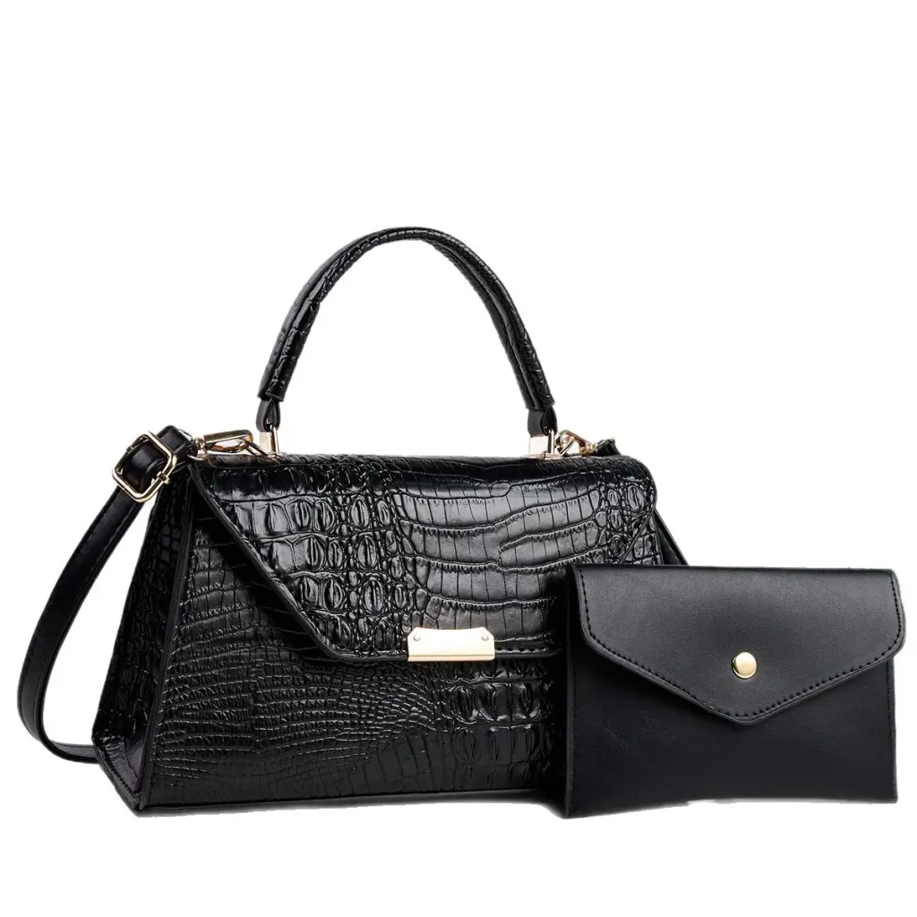 Women’s Crocodile Pattern Square PU Leather Bag Set With Sewing Thread Detail, Featuring Single Shoulder Strap