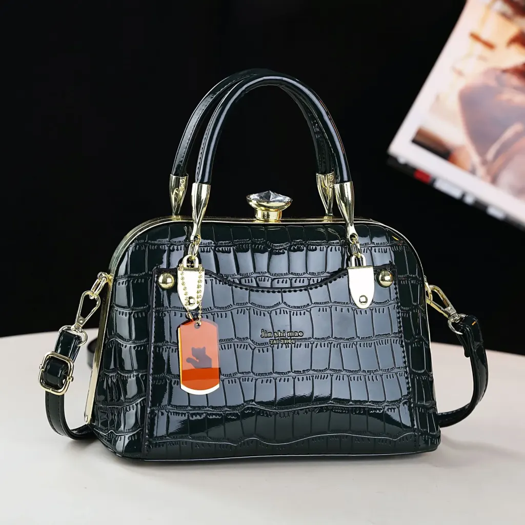Crocodile Pattern PU Leather Dome Bag With Shell Shape And Sewing Thread Detail, Featuring Large Capacity And Top Handle