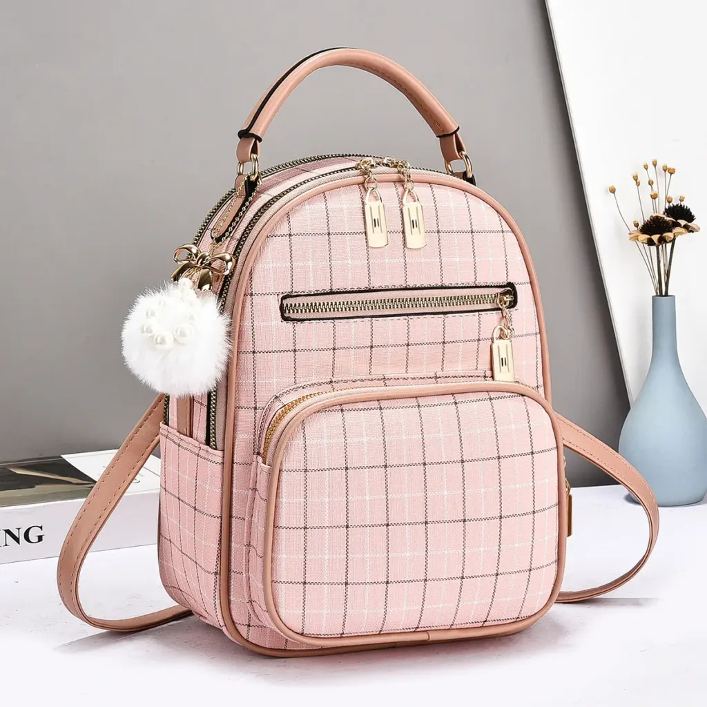 Plaid Women's Backpack With Wear-Resistant Design, Featuring Fluff Ball Detail, Made Of PU