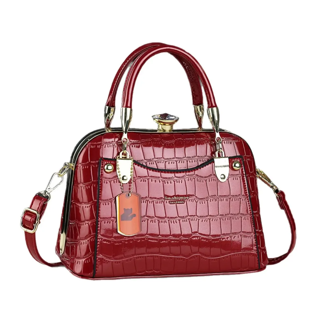 Crocodile Pattern PU Leather Dome Bag With Shell Shape And Sewing Thread Detail, Featuring Large Capacity And Top Handle