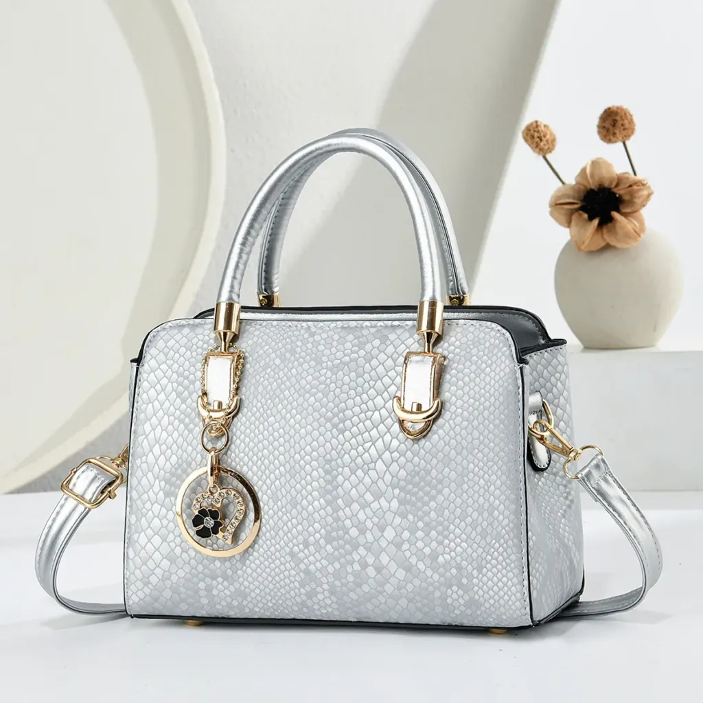 Women’s Snakeskin Pattern Square Handbag In PU Leather With Ornament Detail