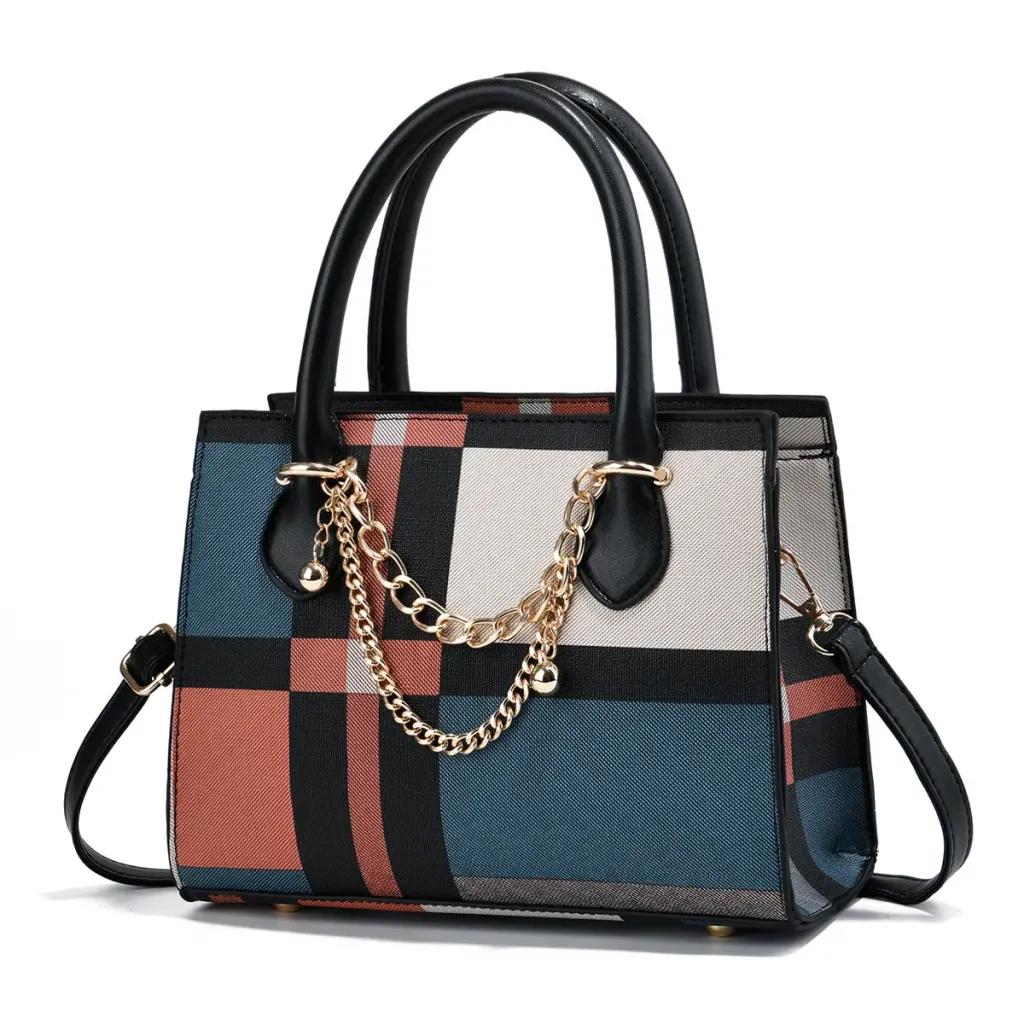 Front view of plaid canvas tote bag with gold-tone chain details and a shoulder strap.