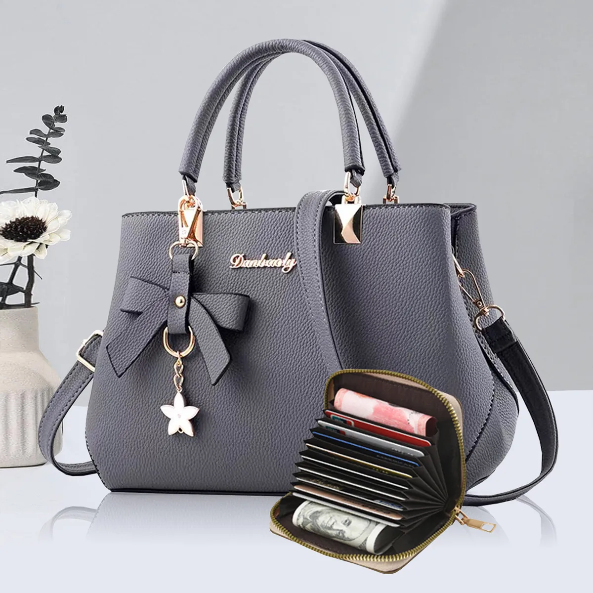 Women’s Square PU Leather Bag Set With Sewing Thread Detail, Featuring Top Handle And Large Capacity