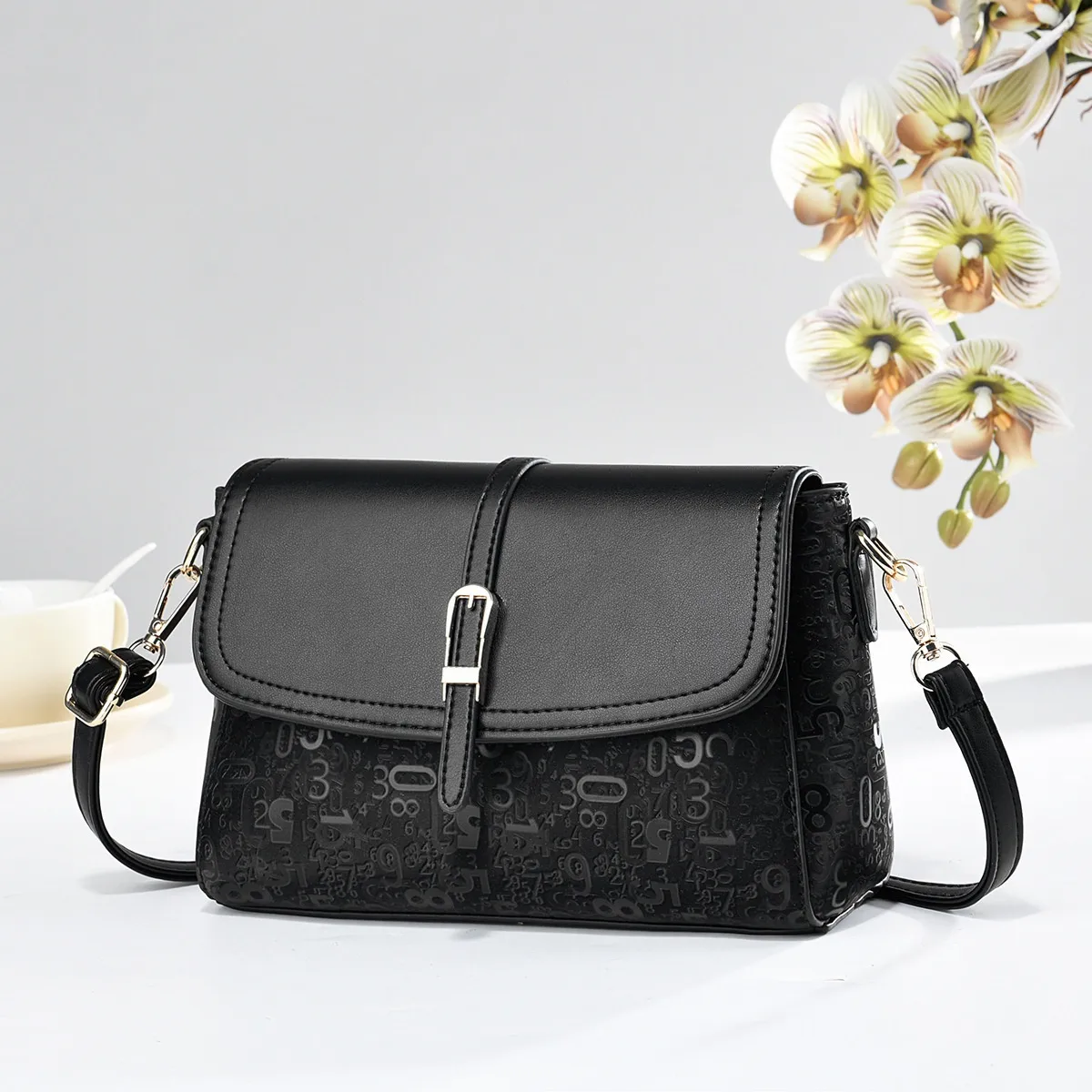 Women PU Leather Square Crossbody Bag With Sewing Thread Detail, Number Pattern