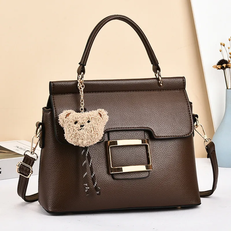 Little Bear Square PU Leather Handbag For Women With Metal Button And Top Handle