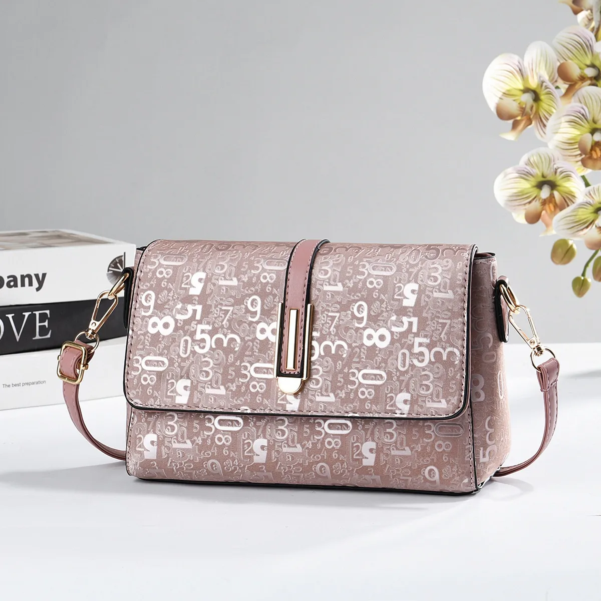 Square PU Leather Number Pattern Bag With Sewing Thread Detail, Single Shoulder Strap