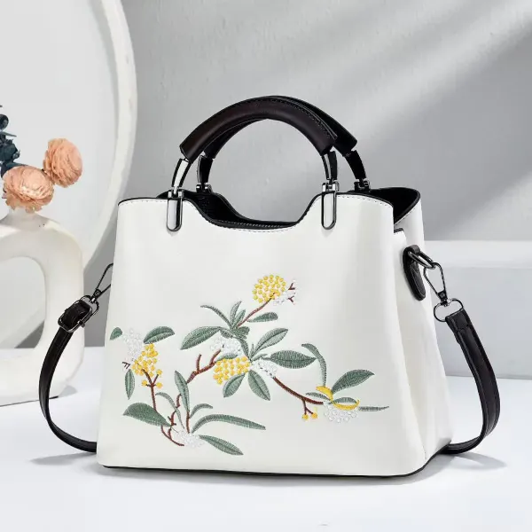 Women’s Square PU Leather Handbag With Embroidered Flowers Featuring Top Handle