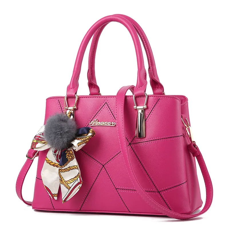 Rose handbag with angular front stitching, two short handles and a long strap