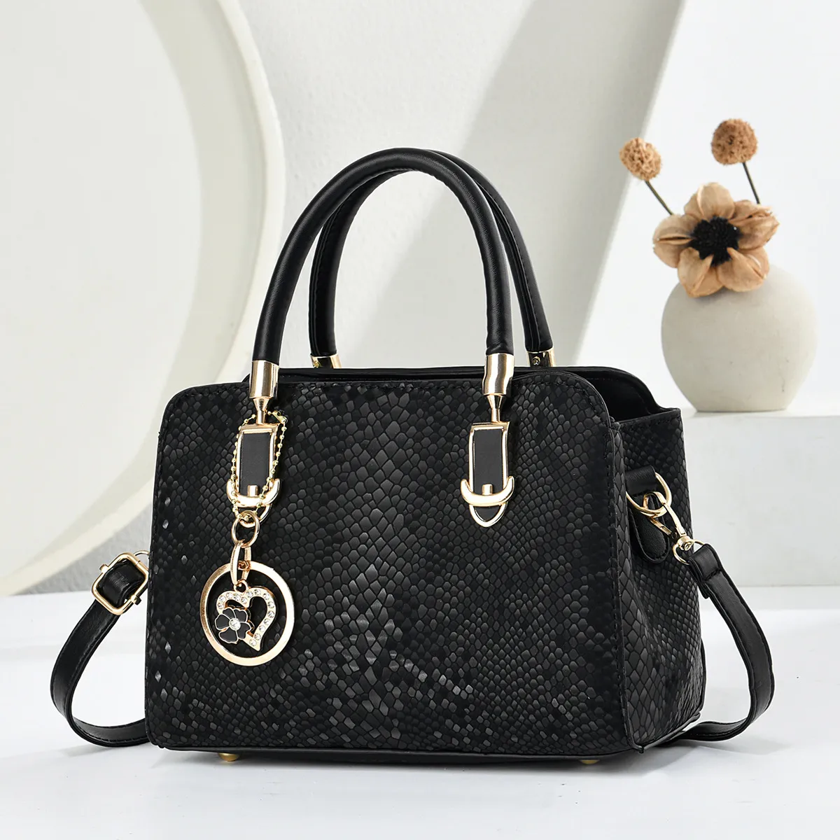 Women’s Snakeskin Pattern Square Handbag In PU Leather With Ornament Detail
