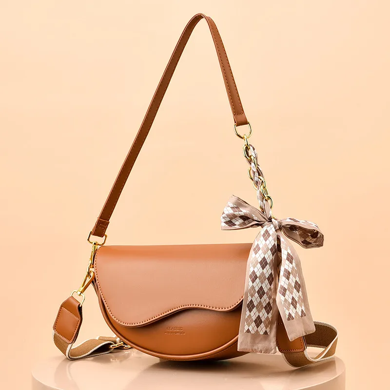 Elegant Small Solid Color PU Leather Women’s Shoulder Bag With Ribbon And Zipper Closure