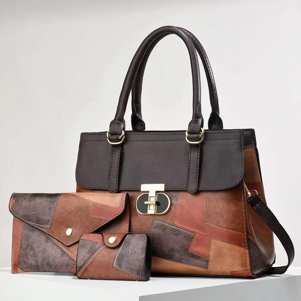 Women’s Color Block Square PU Leather Bag Set With Top Handle, Featuring Large Capacity