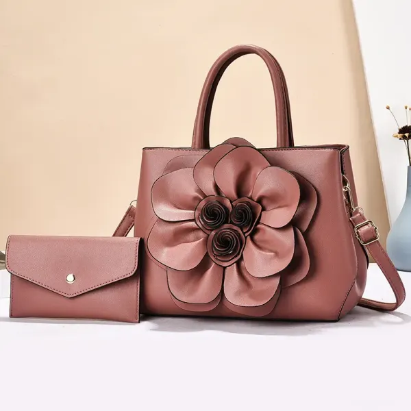 Solid Color Square PU Leather Bag Set For Women Featuring Floral Fashion Element With Single Shoulder Strap