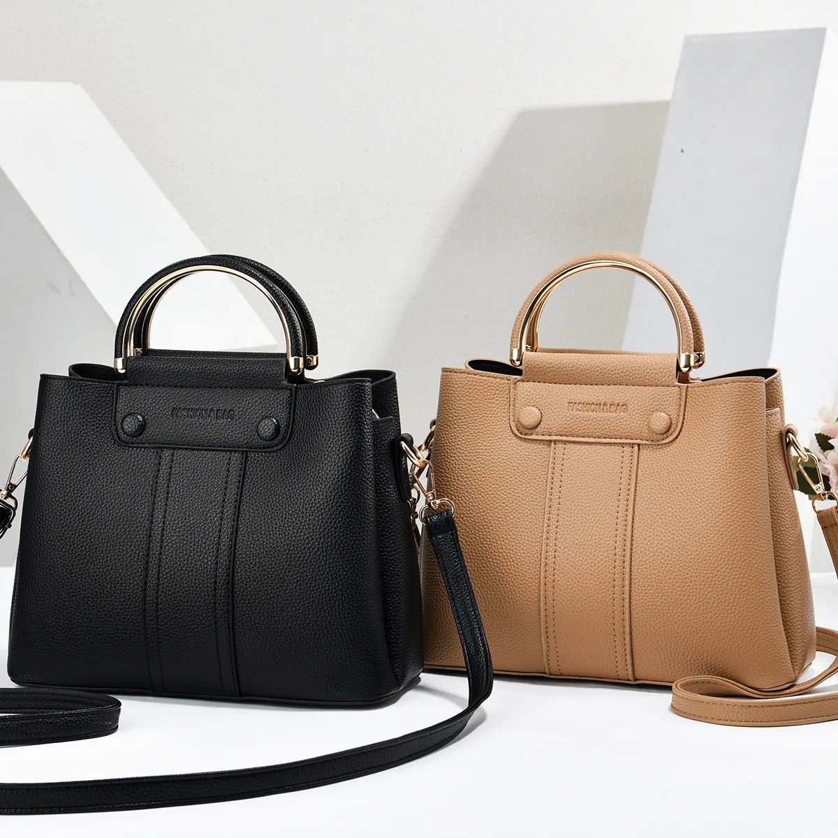 Solid Color Square PU Leather Tote Bag With Sewing Thread Detail, Top Handle Bucket Bag For Spring And Summer Main image