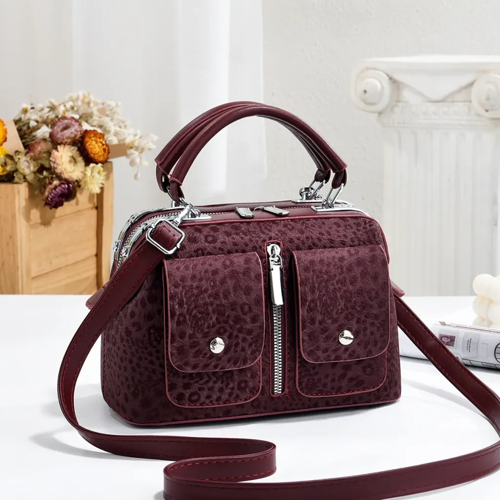 Leopard Print Boston Bag In PU Leather With Sewing Thread Detail, Featuring A Top Handle For Women