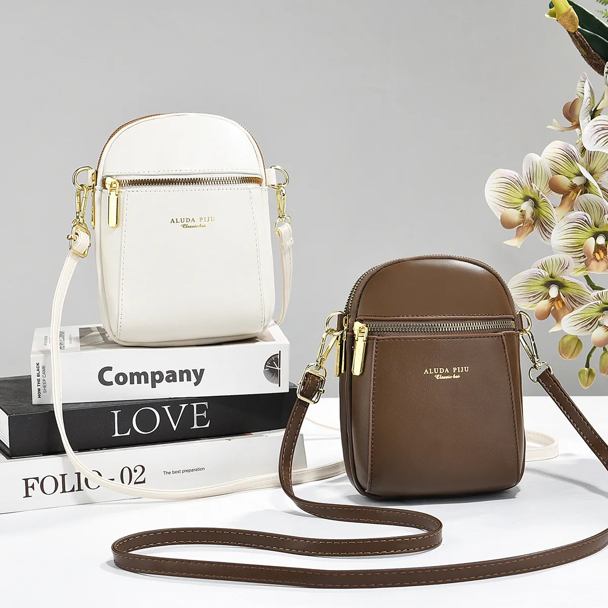 Solid Color Square PU Leather Phone Wallet For Women With Sewing Thread Detail And Single Shoulder Strap Main image