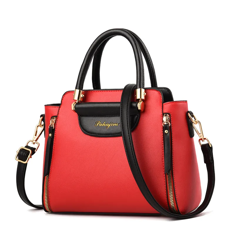Large Color Block Top Handle Bag For Women In Pu Leather With Zipper Closure, Featuring Retro European And American Style