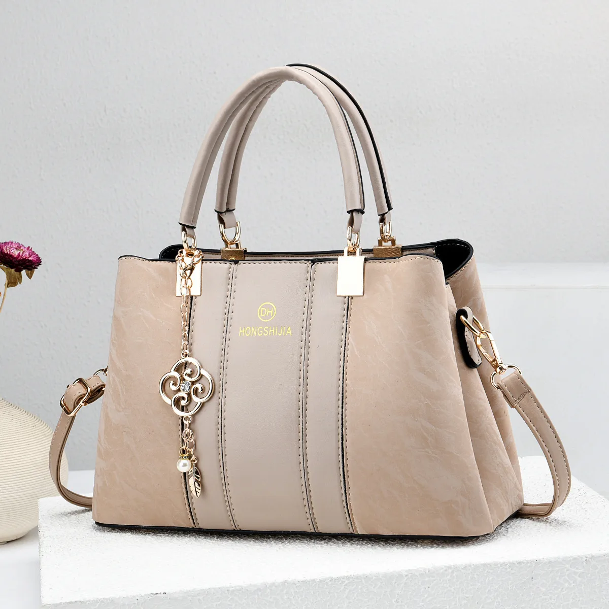Women’s Square Splicing Handbag In PU Leather With Sewing Thread Detail, Top Handle Style For 2026 Spring And Summer