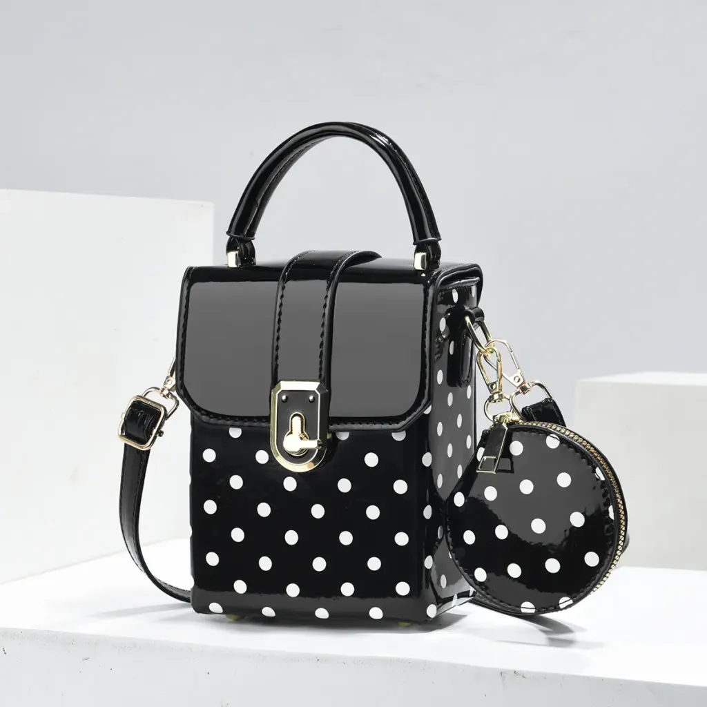 Polka Dots Square PU Leather Bag Set Featuring Sewing Thread With Top Handle
