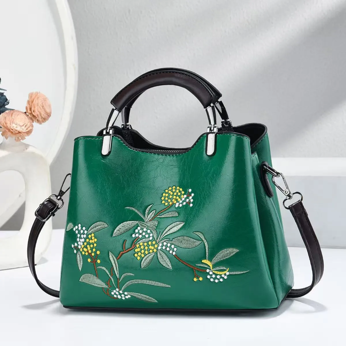 Women’s Square PU Leather Handbag With Embroidered Flowers Featuring Top Handle Main image