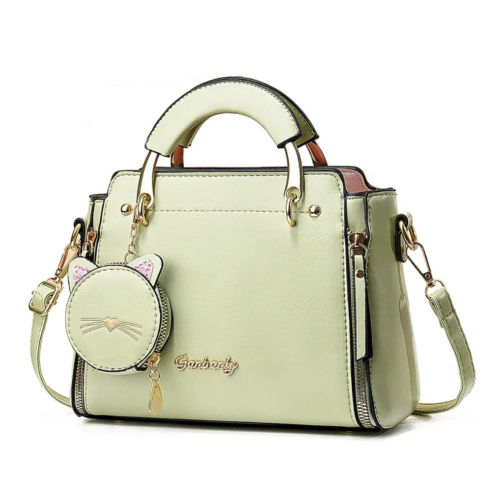 Women’s PU Leather Cat Handbag With Square Shape And Sewing Thread Detail, Featuring Top Handle Design