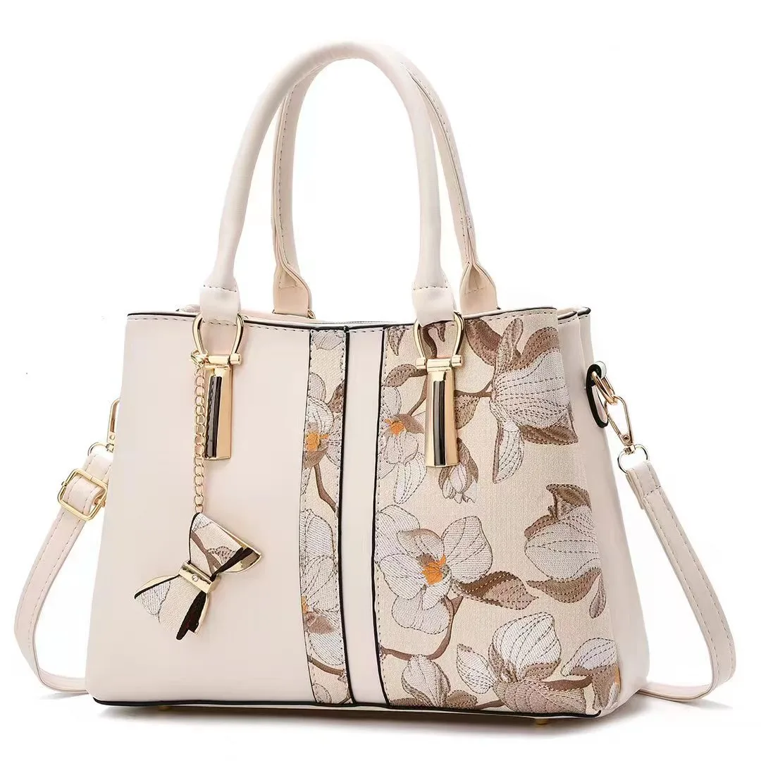 Large Classic Style Flowers PU Leather Women’s Top Handle Shoulder Bag With Zipper Closure