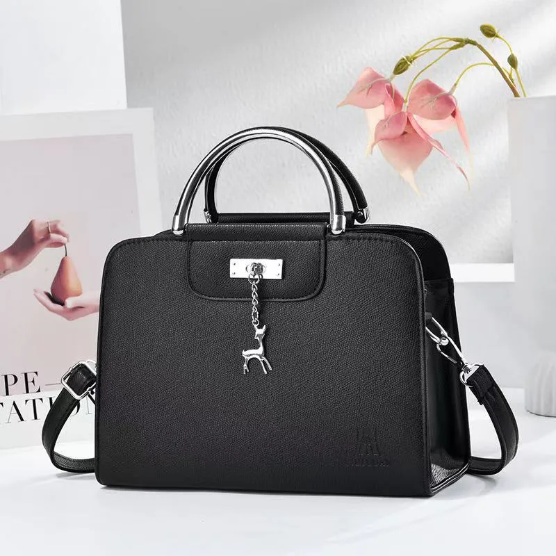 Women's Square PU Leather Handbag With Sewing Thread Detail And Top Handle