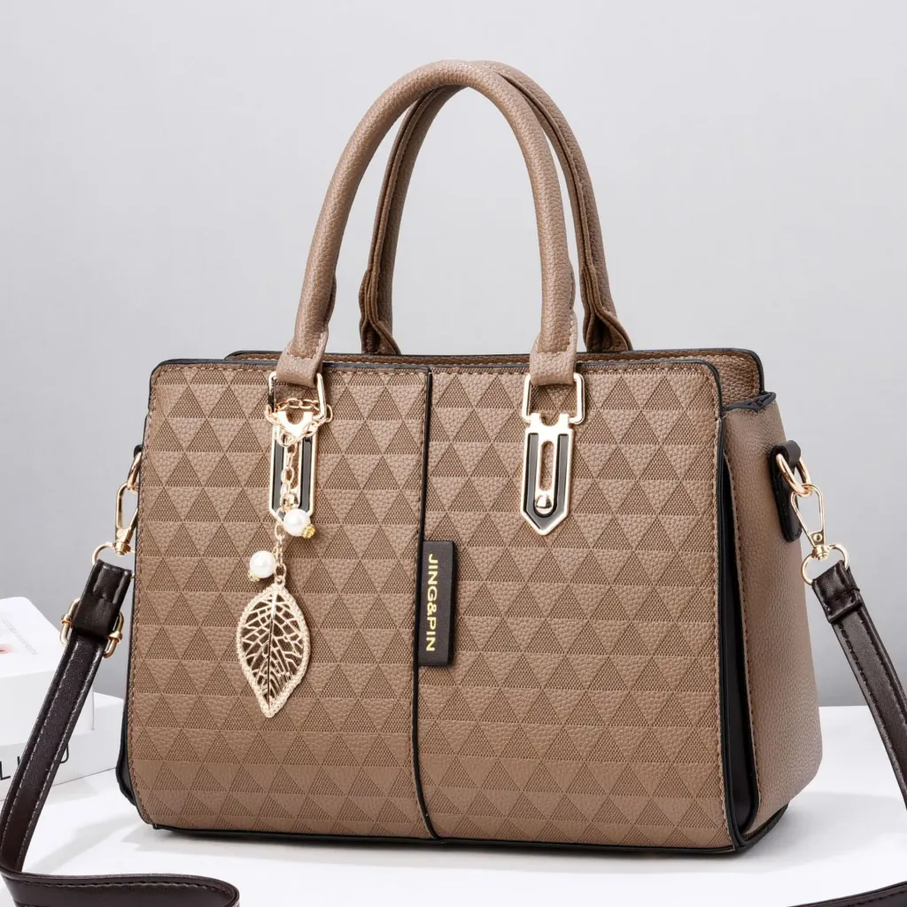 Elegant Large Square PU Tote Bag For Women With Braid Detail And Zipper Closure Featuring Leaves Pattern