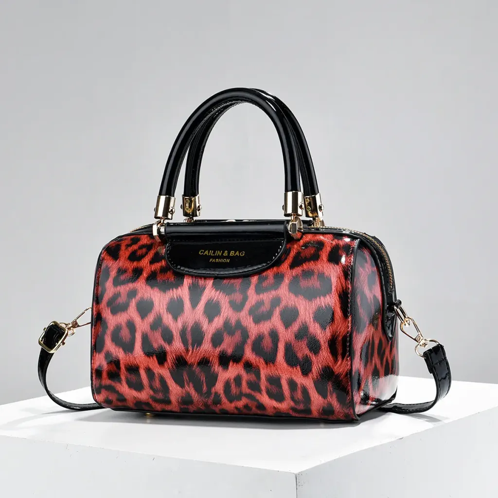 Leopard Print Pillow Shape Bag For Women In PU Leather With Sewing Thread Detail, Featuring Top Handle Design