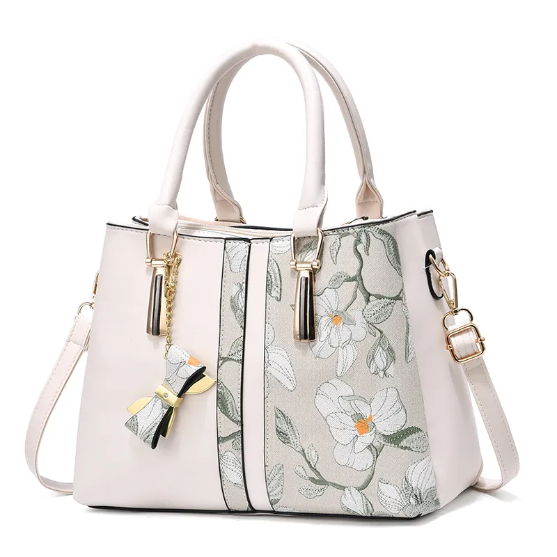 Large Classic Style Flowers PU Leather Women’s Top Handle Shoulder Bag With Zipper Closure