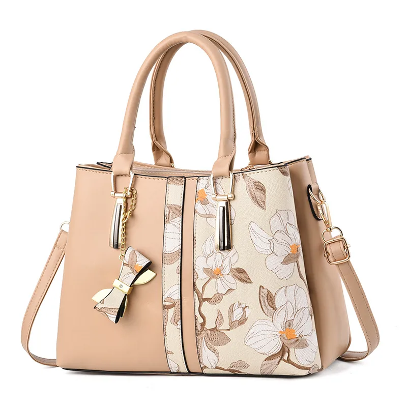 Large Classic Style Flowers PU Leather Women’s Top Handle Shoulder Bag With Zipper Closure