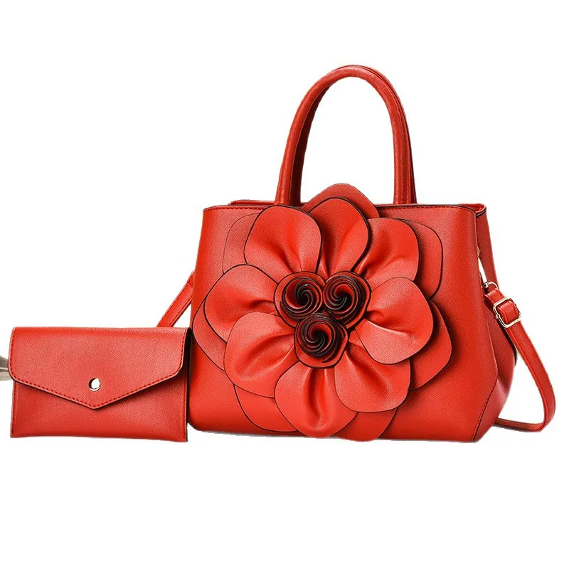 Solid Color Square PU Leather Bag Set For Women Featuring Floral Fashion Element With Single Shoulder Strap