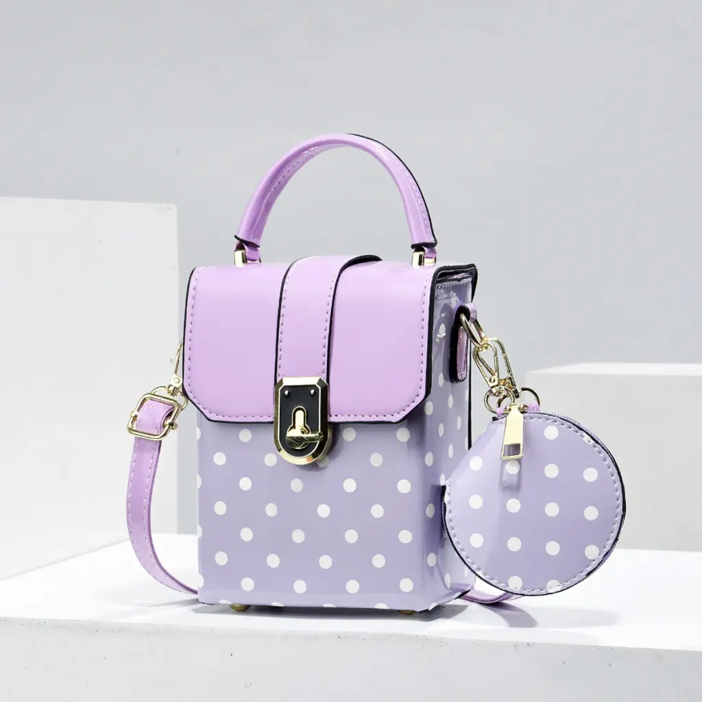 Polka Dots Square PU Leather Bag Set Featuring Sewing Thread With Top Handle