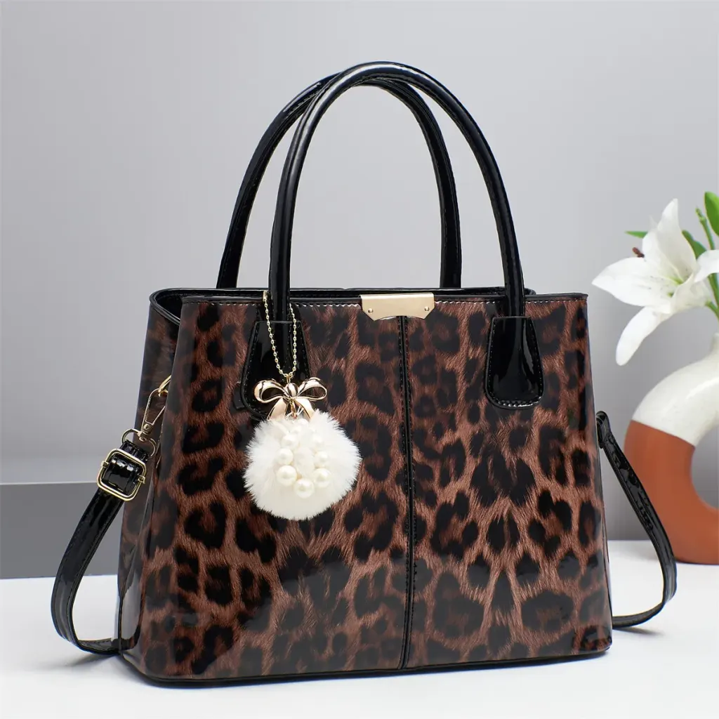 Women’s Leopard Print Square Shoulder Bag In Patent Leather With Single Shoulder Strap Featuring Stylish Printing