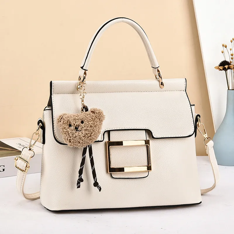 Little Bear Square PU Leather Handbag For Women With Metal Button And Top Handle