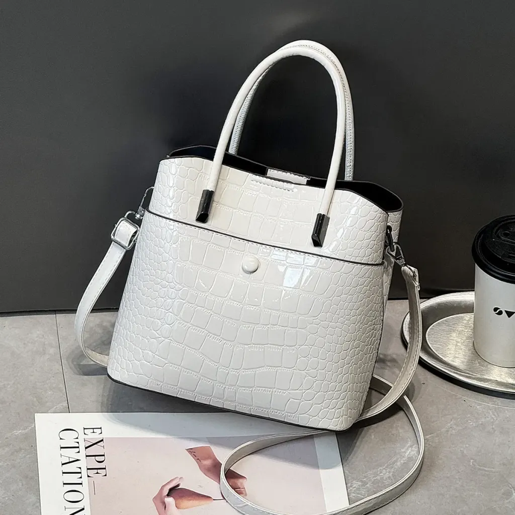 Women’s Crocodile Pattern Square PU Leather Tote Bag With Top Handle, Large Capacity Bucket Bag